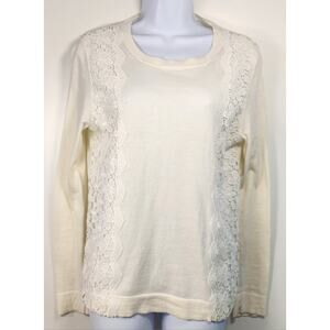 J.Crew Ivory Lace Panel Sweater Cotton Crewneck Feminine Top M